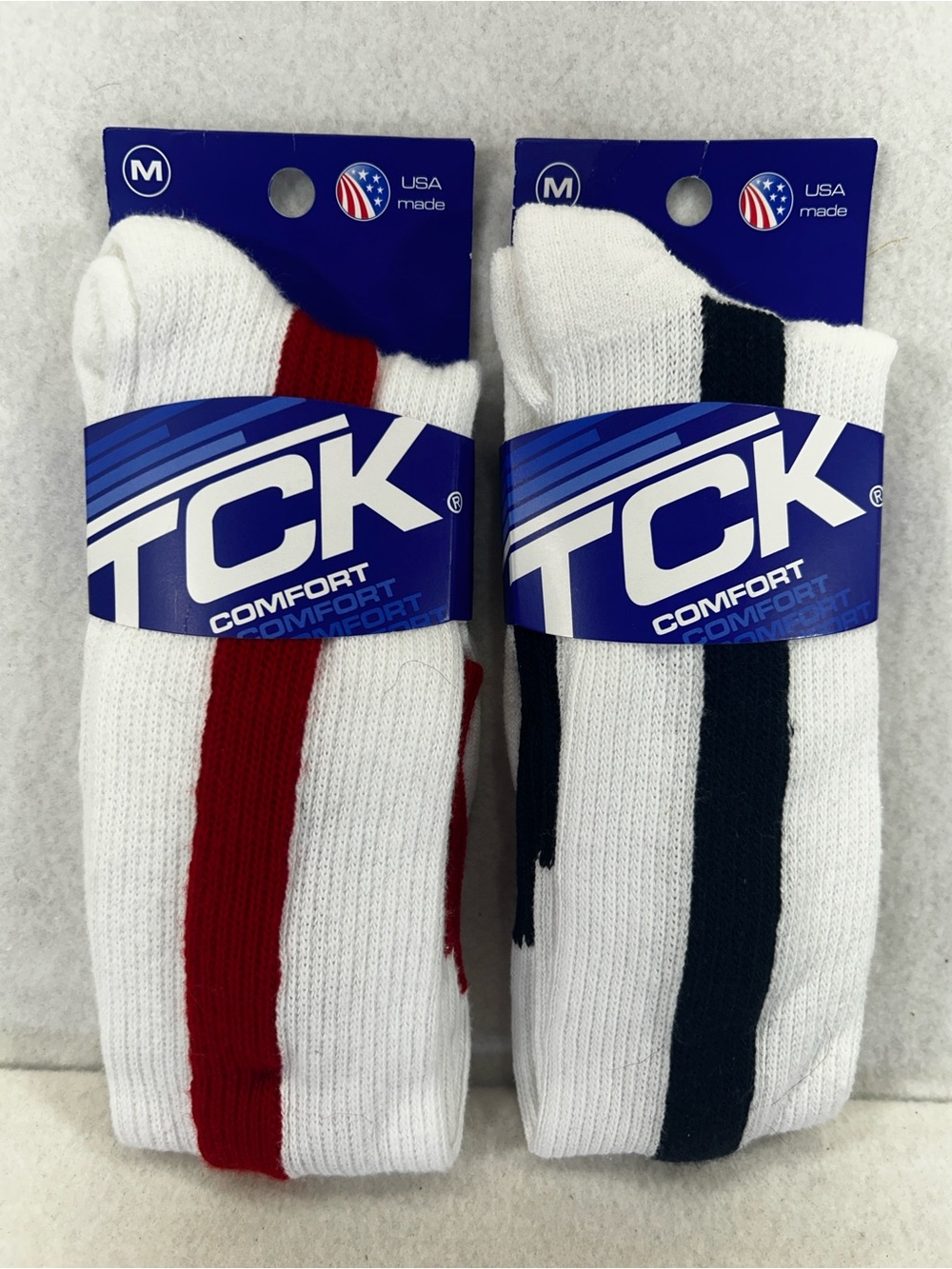 TCK Baseball Socks Medium 2 Pair Lot Red Navy White Made USA NWT